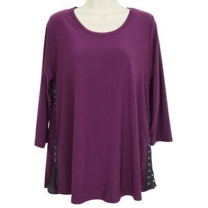 Sun Kim Womens Small Purple Black Flowy Wide Neck Snap Side Accent Shirt Blouse